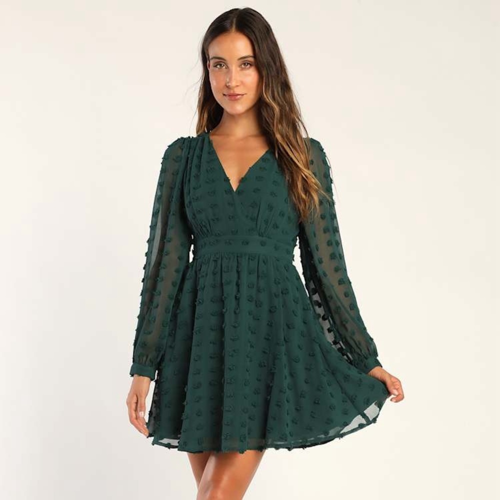 NWT Lulus Always on Repeat Emerald Green Clip Dot Long Sleeve Mini Dress